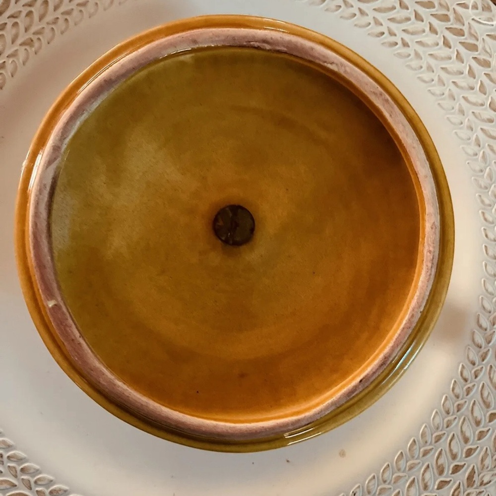 Retro CALIFORNIA POTTERY Calif 510 Golden Yellow rib Lidded Bowl wooden handle - Picture 5 of 6